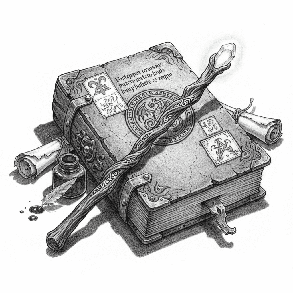 Wand Resting On Ancient Spellbook - hard sketch drawing idea