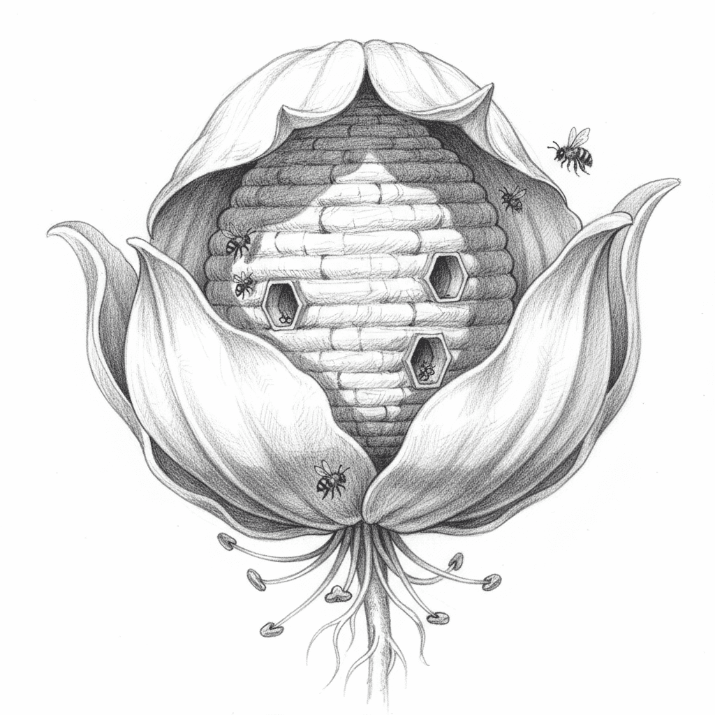 Beehive Nestled In Giant Flower - hard sketch drawing idea