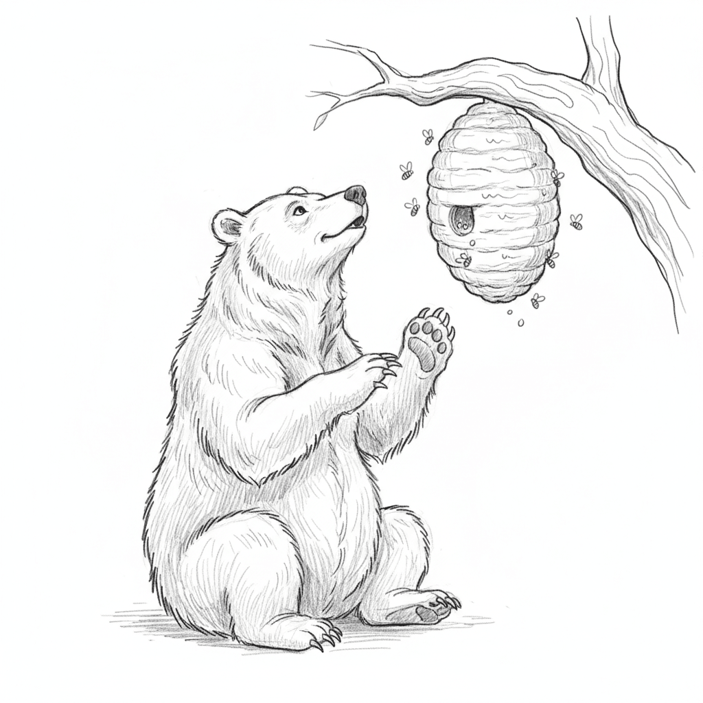 Bear Looking Up At Beehive - medium sketch drawing idea for animals