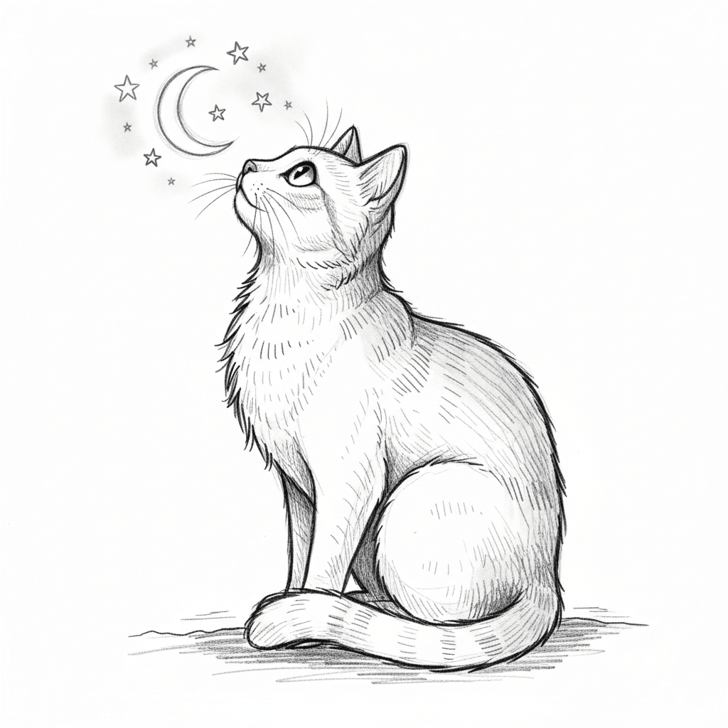 Cat Gazing at Stars (Sketch) - medium sketch drawing idea for animals