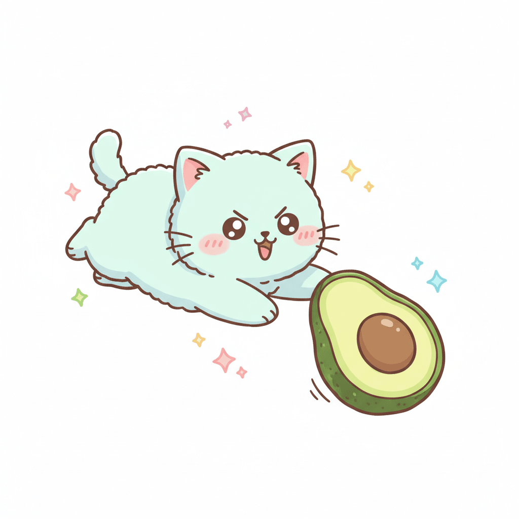 Cat Pouncing on Avocado (Anime) - medium cartoon drawing idea for animals
