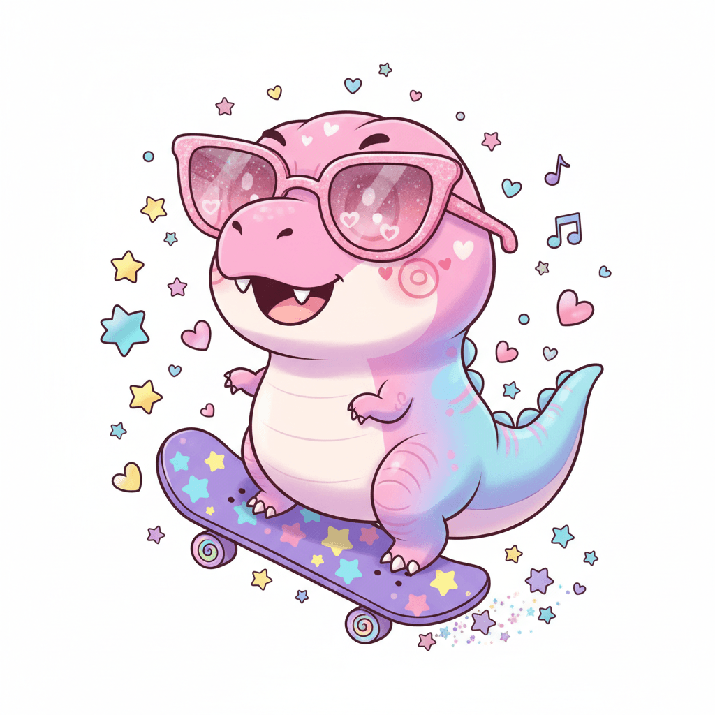 Dinosaur Skateboarding With Sunglasses - hard cartoon drawing idea for animals