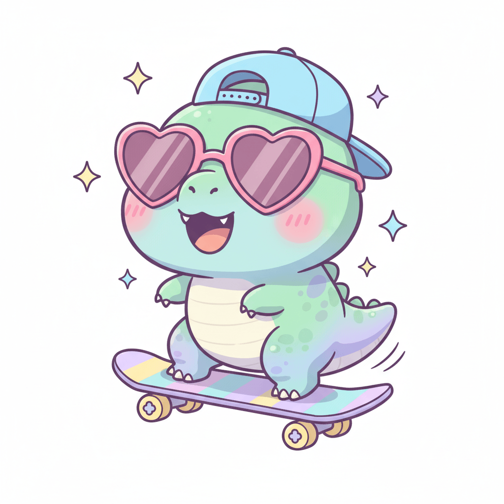 Dinosaur Skateboarding With Sunglasses - medium cartoon drawing idea for animals
