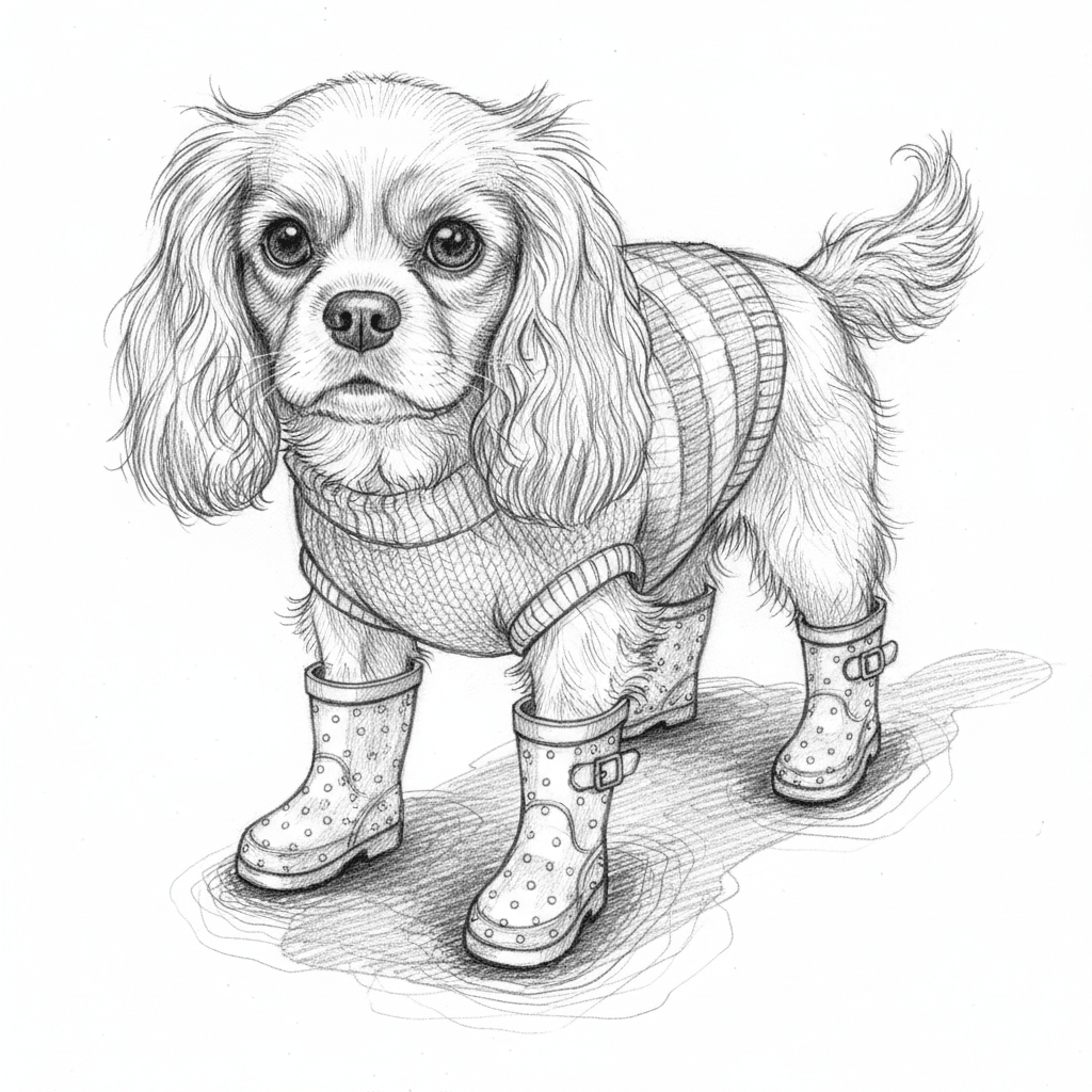 Dog In Tiny Rain Boots - hard sketch drawing idea for animals