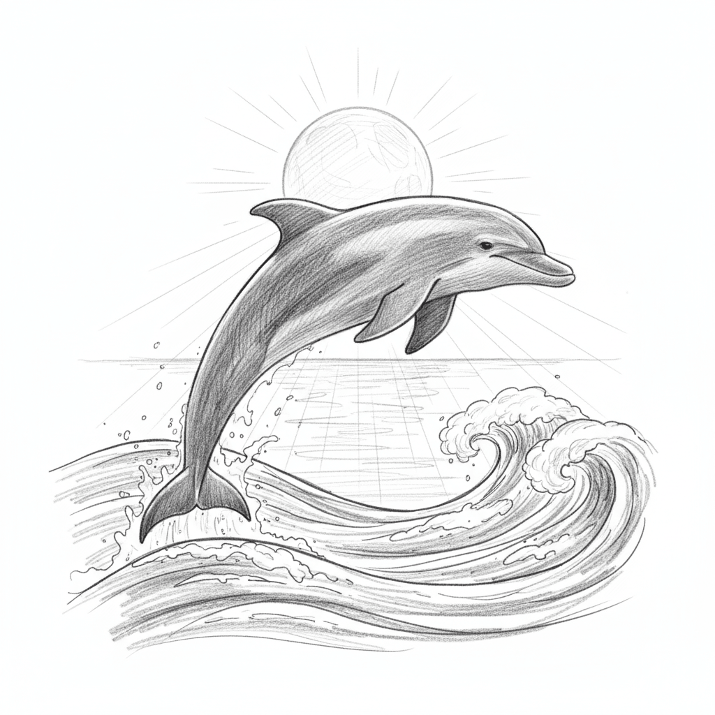 Dolphin Leaping Over Moonlit Waves - medium sketch drawing idea for animals