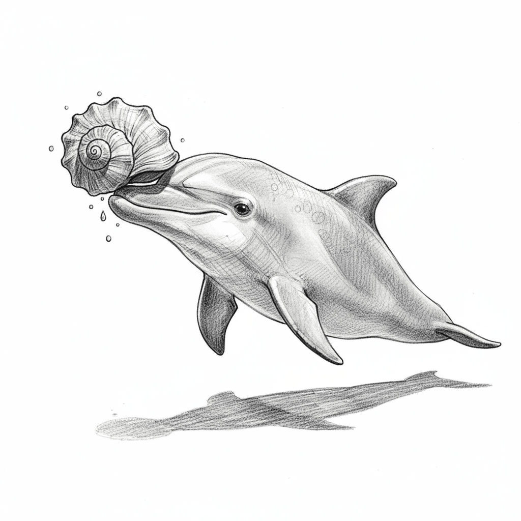 Dolphin Playfully Balancing A Seashell - hard sketch drawing idea for animals