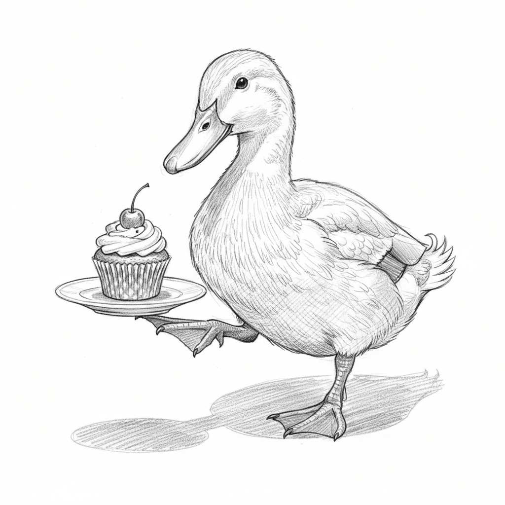 Duck Balancing Tiny Cupcake - hard sketch drawing idea for animals