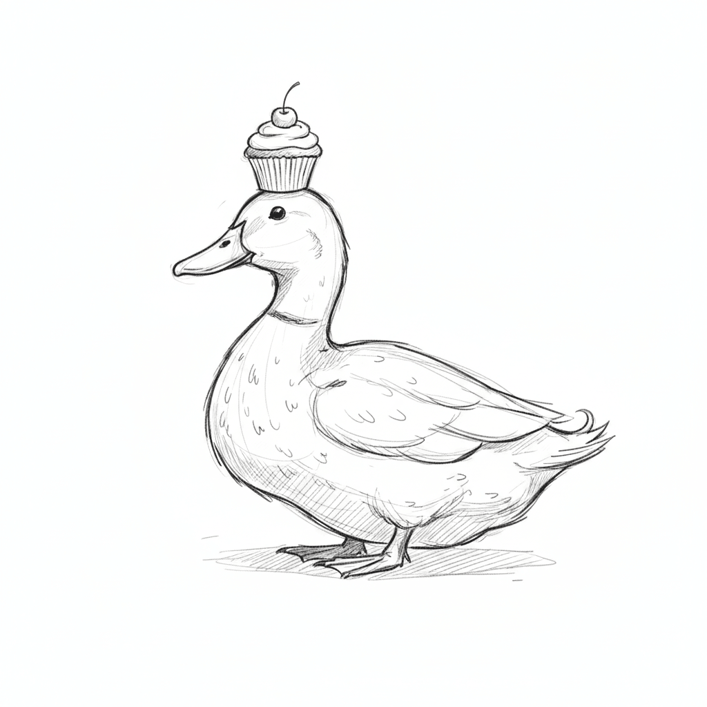 Duck Balancing Tiny Cupcake - medium sketch drawing idea for animals