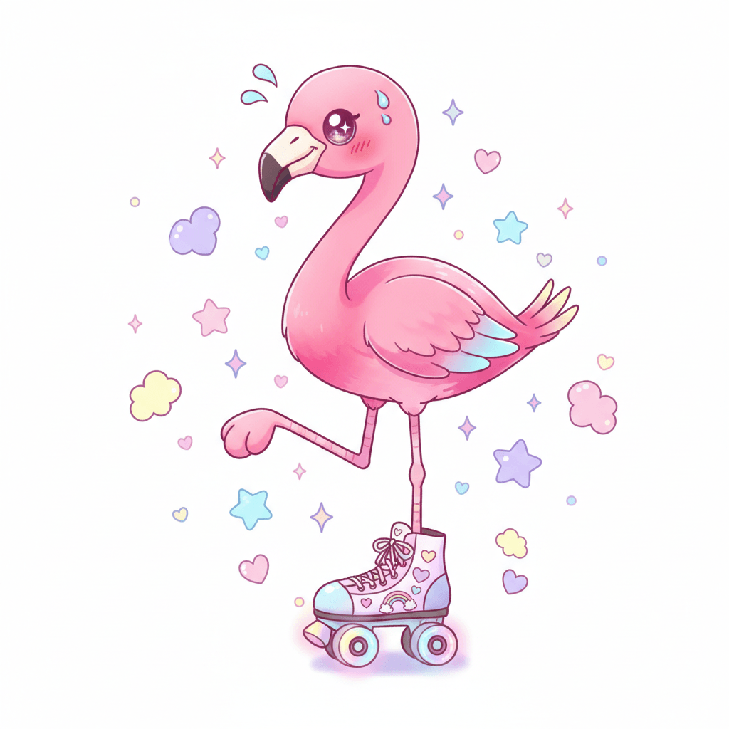 Flamingo Balancing On One Roller Skate - hard cartoon drawing idea for animals
