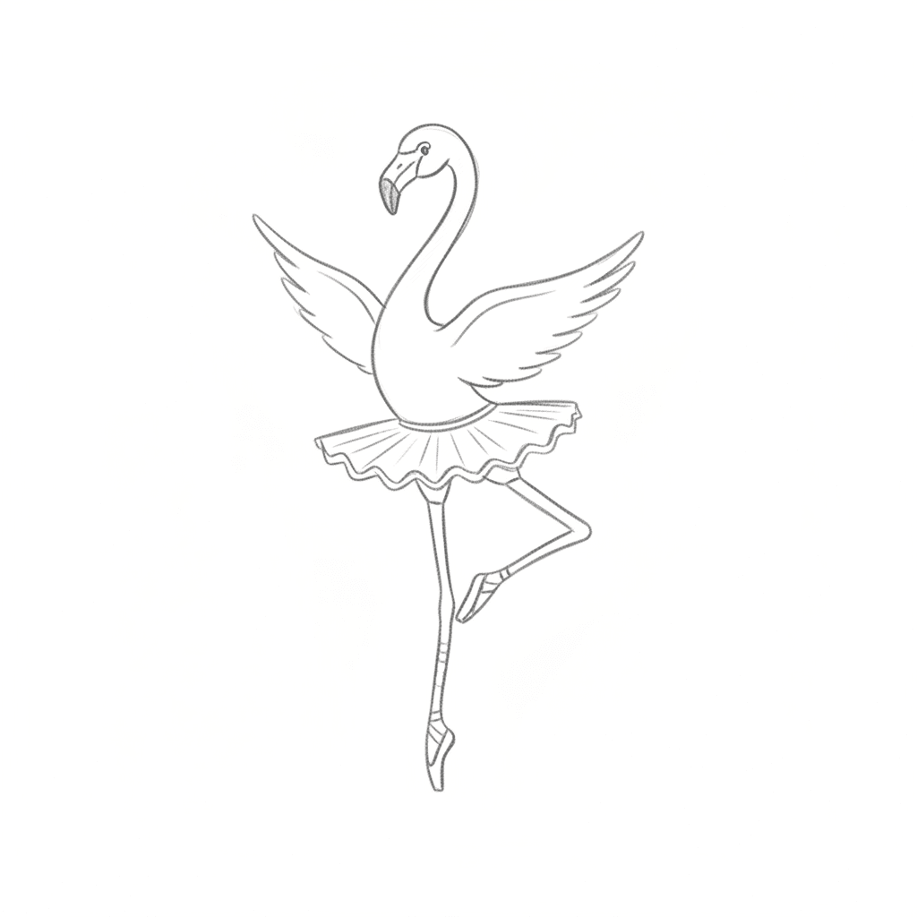 Flamingo Ballerina On Tiptoe - easy sketch drawing idea for animals