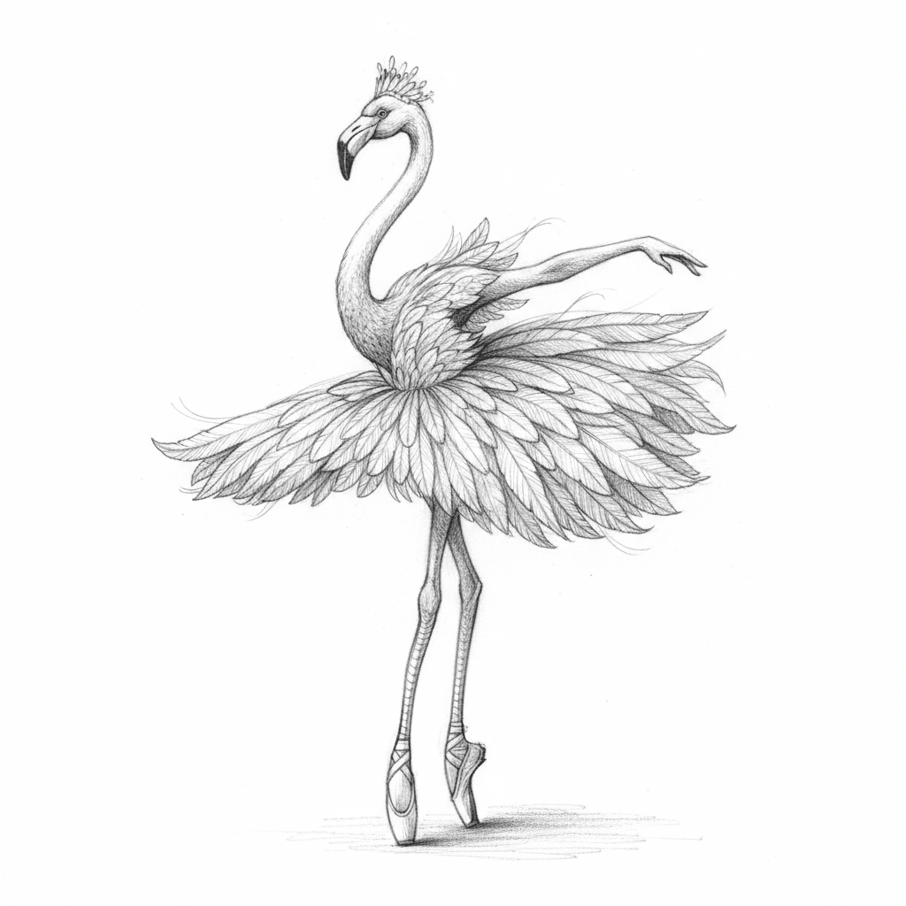 Flamingo Ballerina On Tiptoe - hard sketch drawing idea for animals