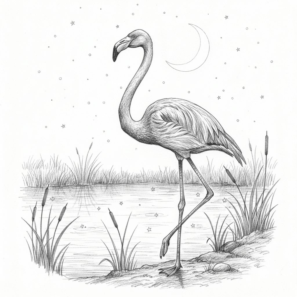 Flamingo Stargazing By Pond - hard sketch drawing idea for animals