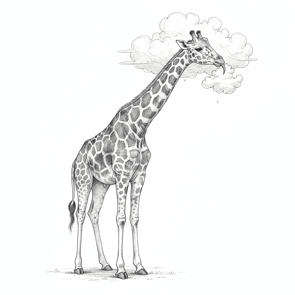 Giraffe Eating A Cloud - hard sketch drawing idea for animals