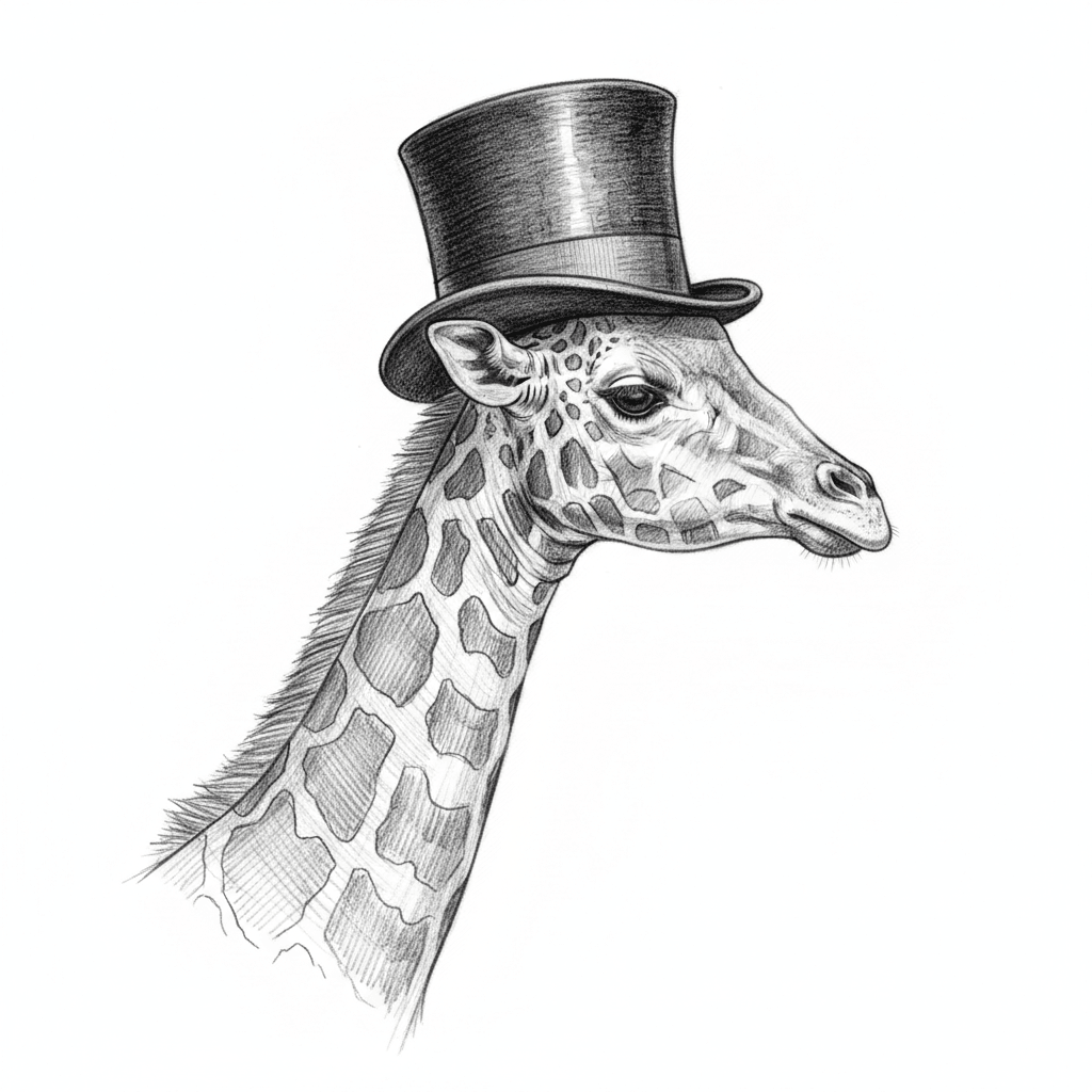 Giraffe Wearing A Top Hat - hard sketch drawing idea for animals