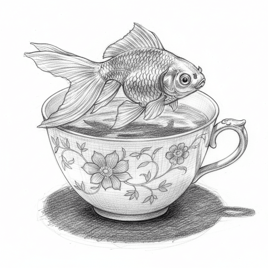 Goldfish In A Teacup - hard sketch drawing idea for animals