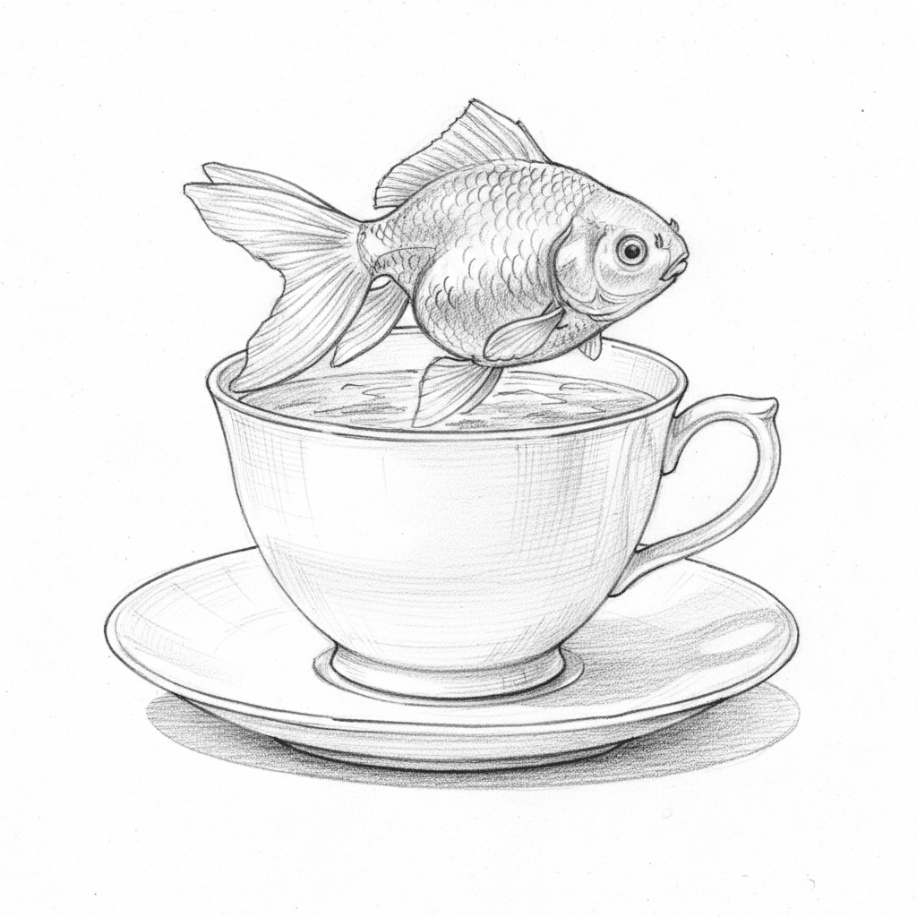 Goldfish In A Teacup - medium sketch drawing idea for animals