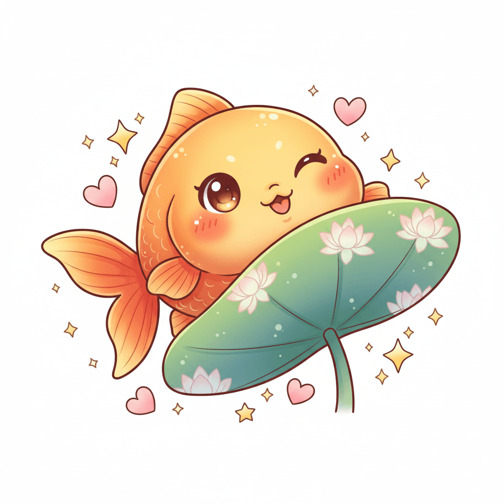 Goldfish Peeking From Lily Pad - hard cartoon drawing idea for animals