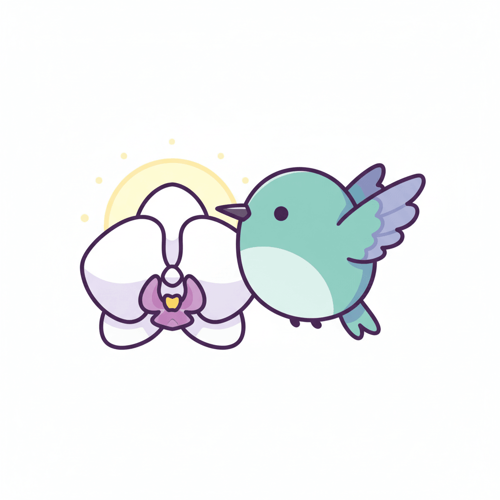 Hummingbird Hovers Beside Moonlit Orchid - easy cartoon drawing idea for animals