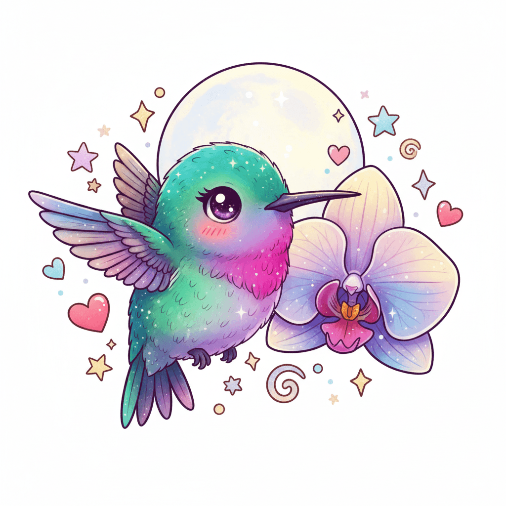 Hummingbird Hovers Beside Moonlit Orchid - hard cartoon drawing idea for animals