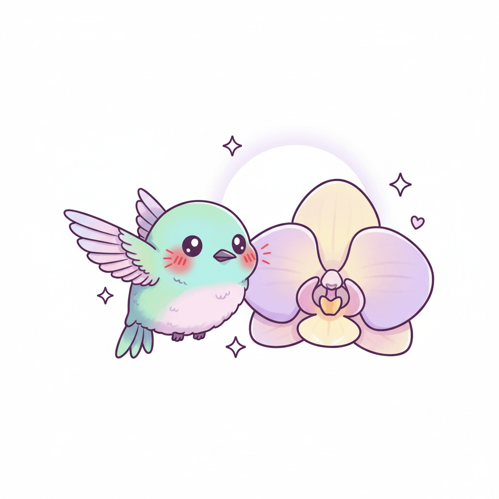 Hummingbird Hovers Beside Moonlit Orchid - medium cartoon drawing idea for animals