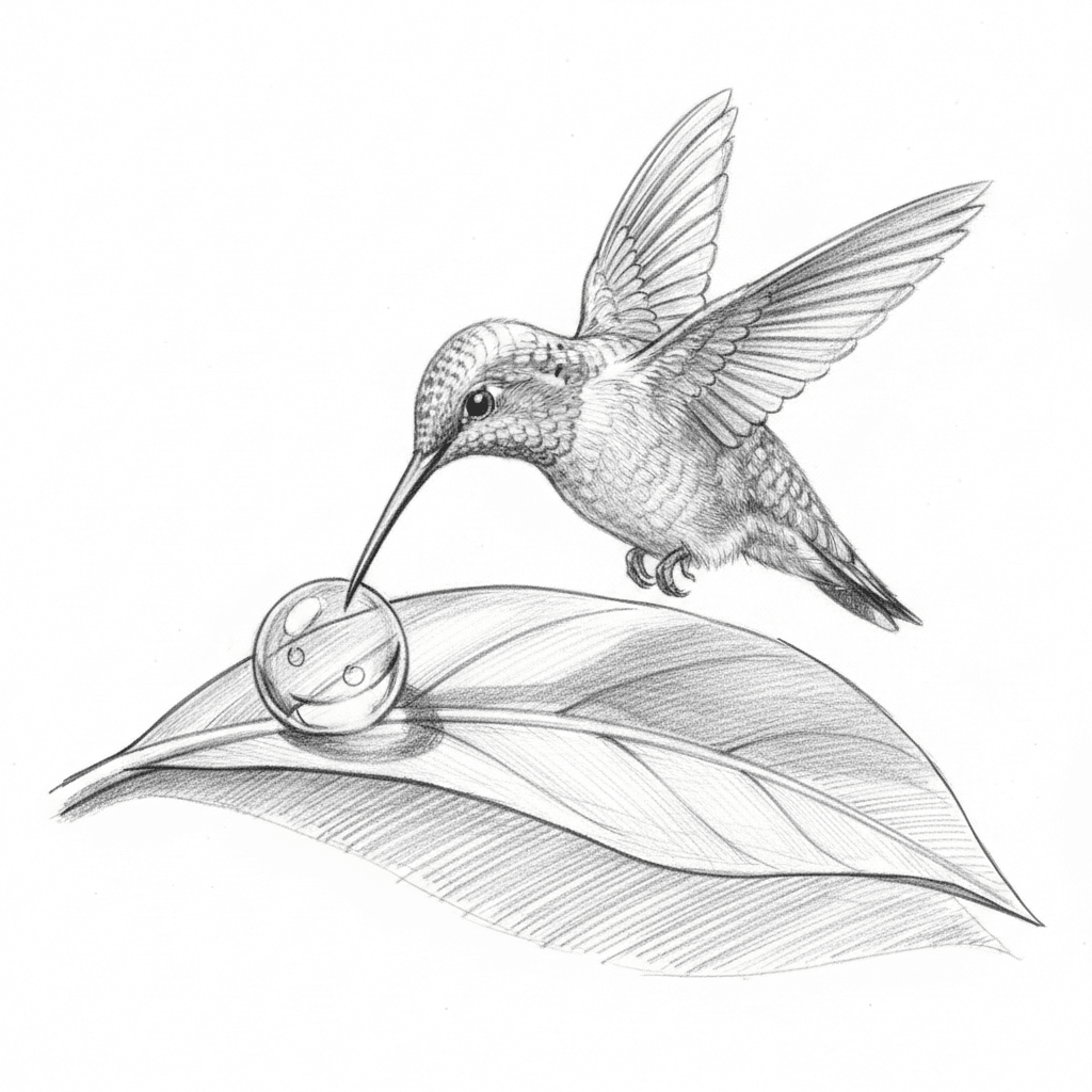 Hummingbird Sips Dewdrop From Leaf - hard sketch drawing idea for animals
