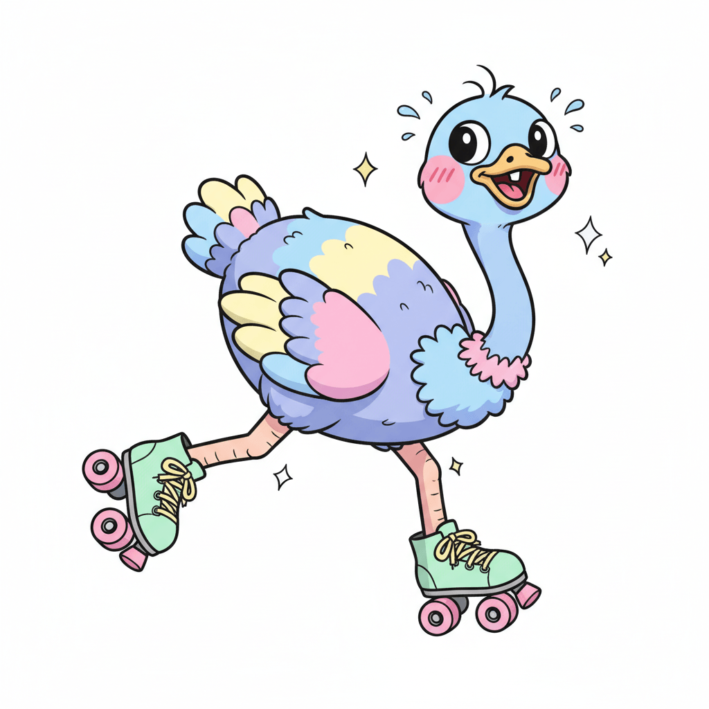 Ostrich Roller Skating Awkwardly - medium cartoon drawing idea for animals