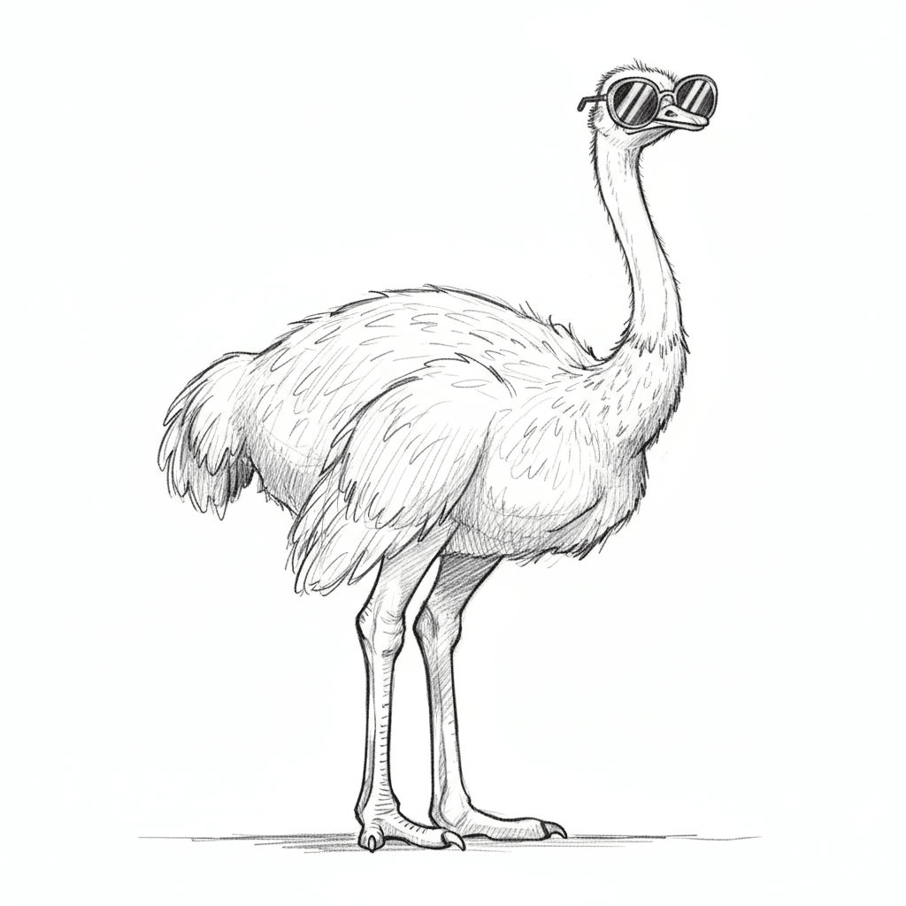 Ostrich Wearing Sunglasses - medium sketch drawing idea for animals