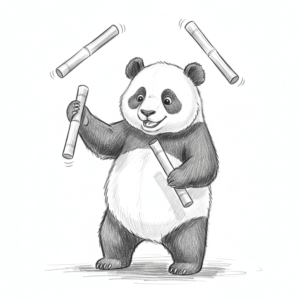 Panda Juggling Bamboo Sticks - medium sketch drawing idea for animals