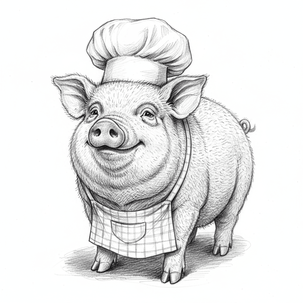Pig Wearing Tiny Chef Hat - hard sketch drawing idea for animals