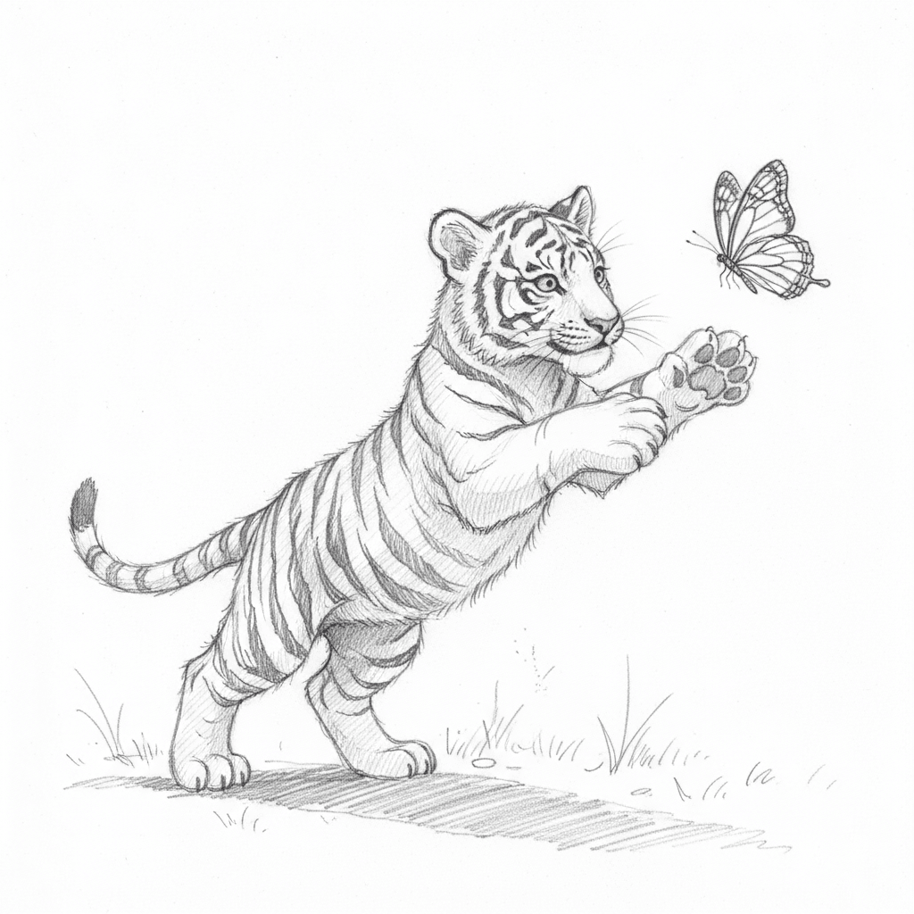 Playful Tiger Chasing A Butterfly - hard sketch drawing idea for animals