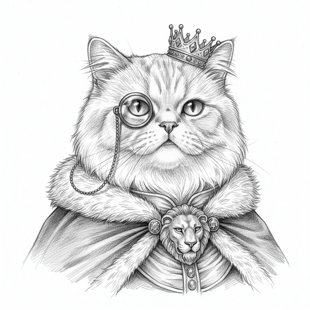 Regal Cat with Monocle (Sketch) - hard sketch drawing idea for animals