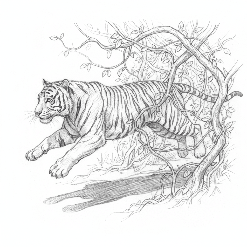 Tiger Leaping Through Jungle Vines - hard sketch drawing idea for animals