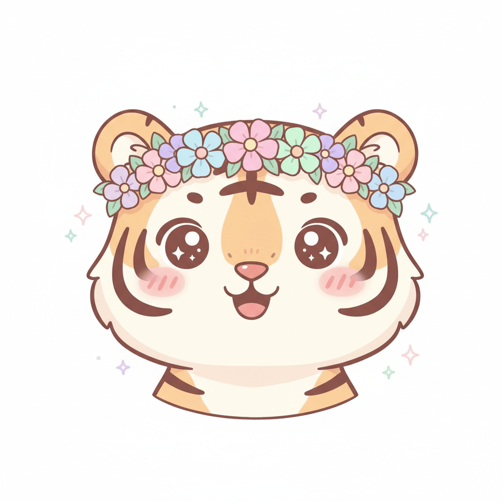 Tiger Wearing Flower Crown - medium cartoon drawing idea for animals