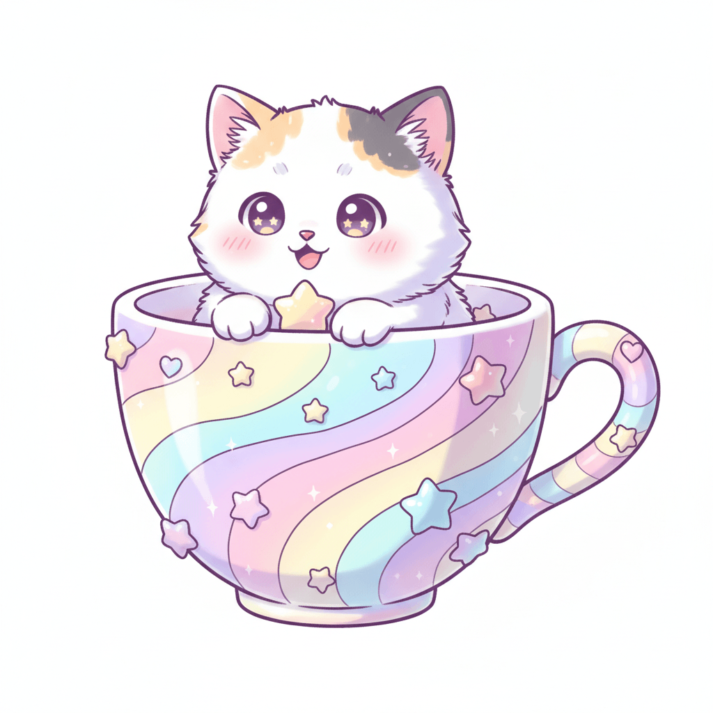 Cat in Teacup (Anime) - hard cartoon drawing idea for animals