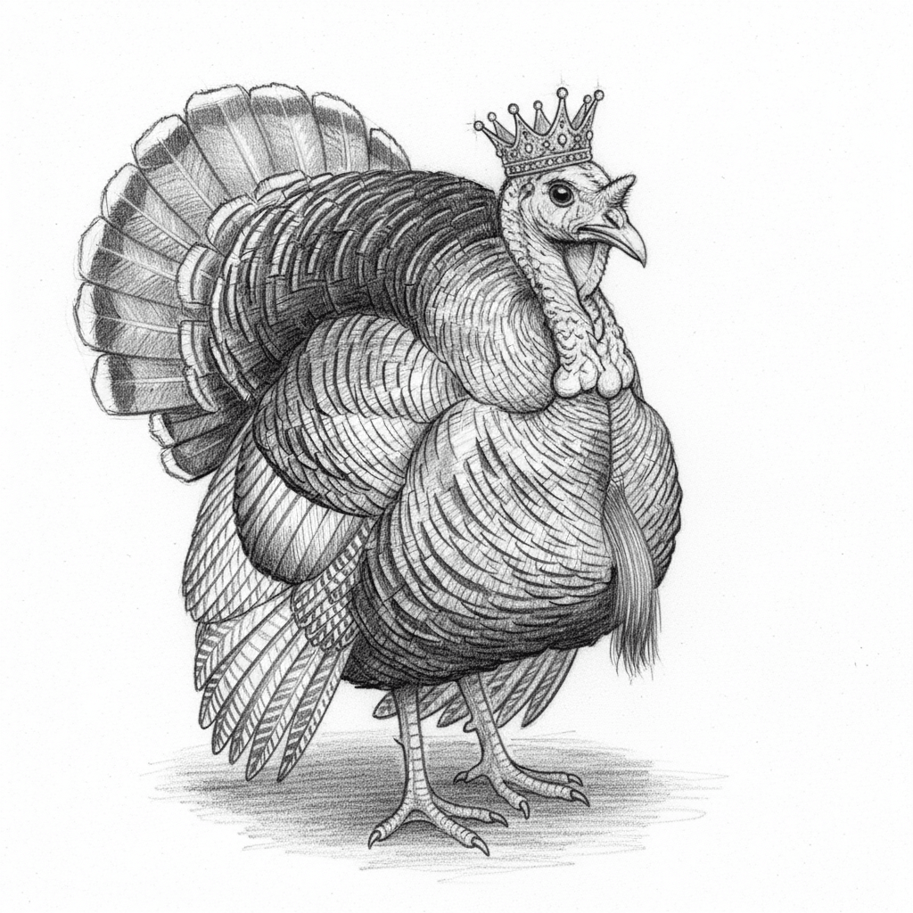 Turkey Wearing Tiny Crown - hard sketch drawing idea for animals