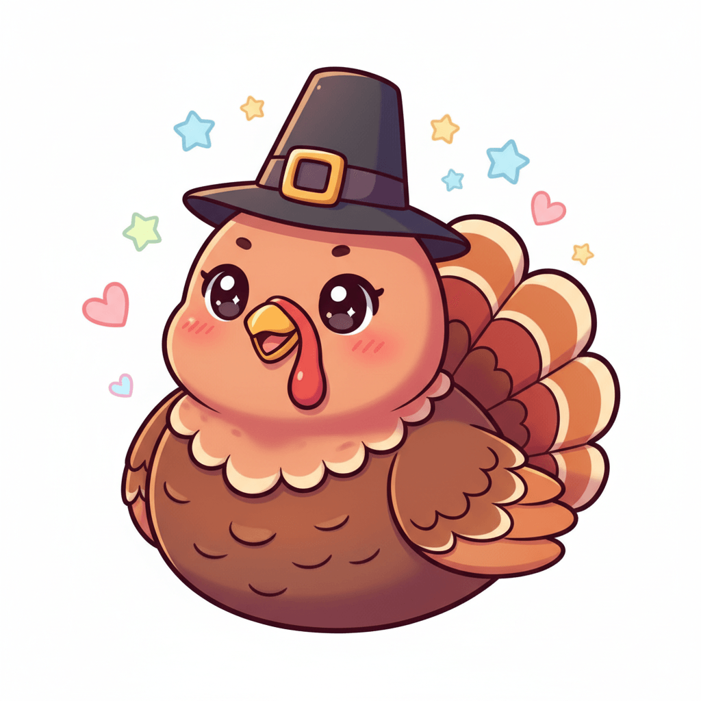 Turkey Wearing Tiny Pilgrim Hat - hard cartoon drawing idea for animals