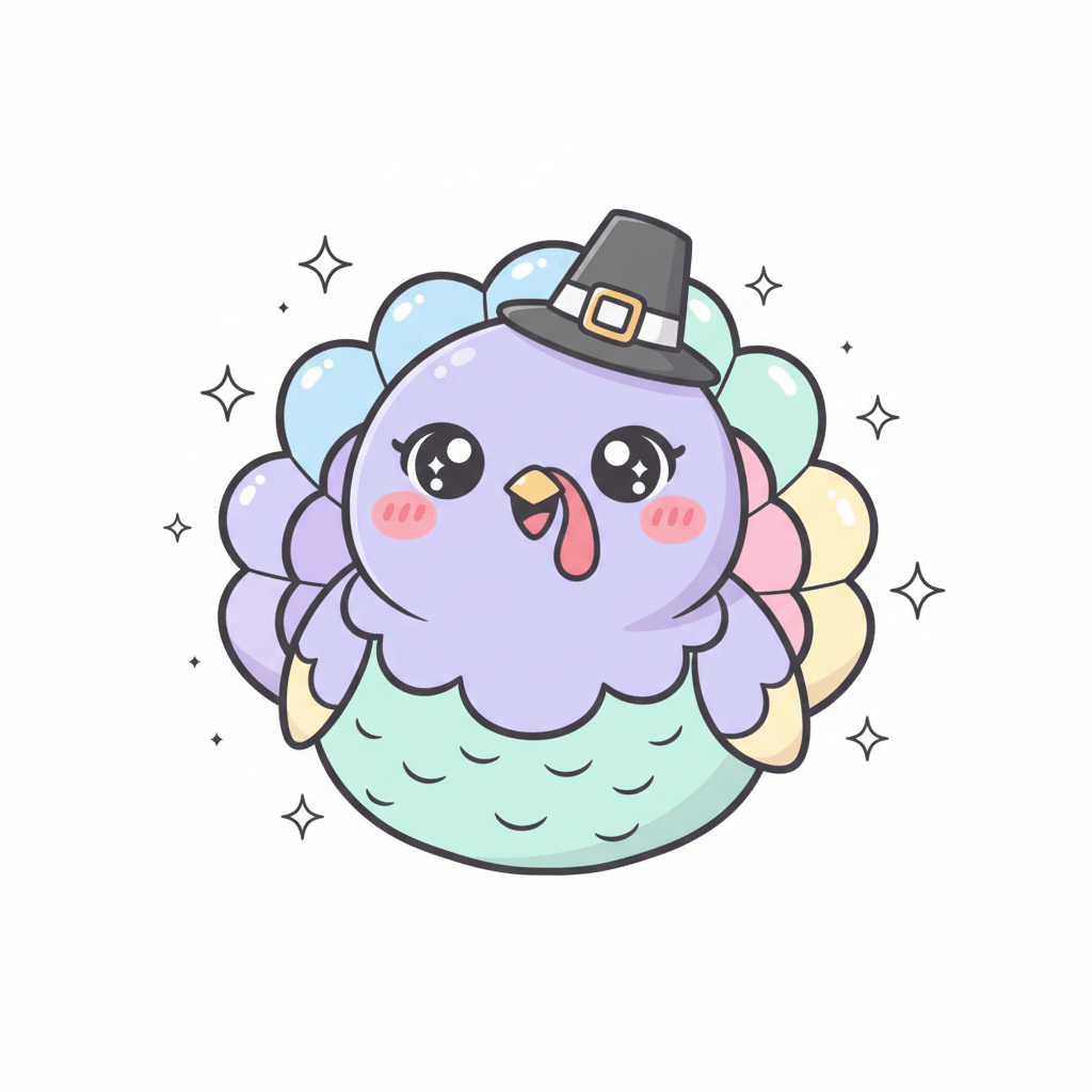 Turkey Wearing Tiny Pilgrim Hat - medium cartoon drawing idea for animals