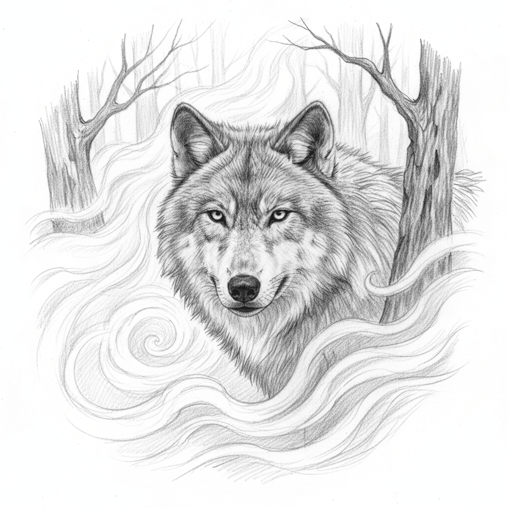 Wolf Peering From Misty Forest - hard sketch drawing idea for animals