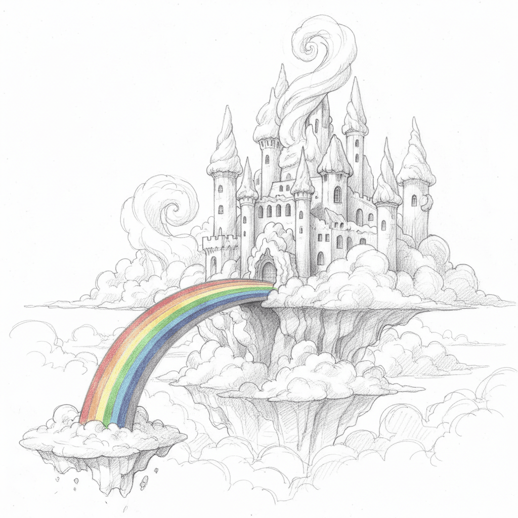 Cloud Castle With Rainbow Bridge - hard sketch drawing idea for architecture