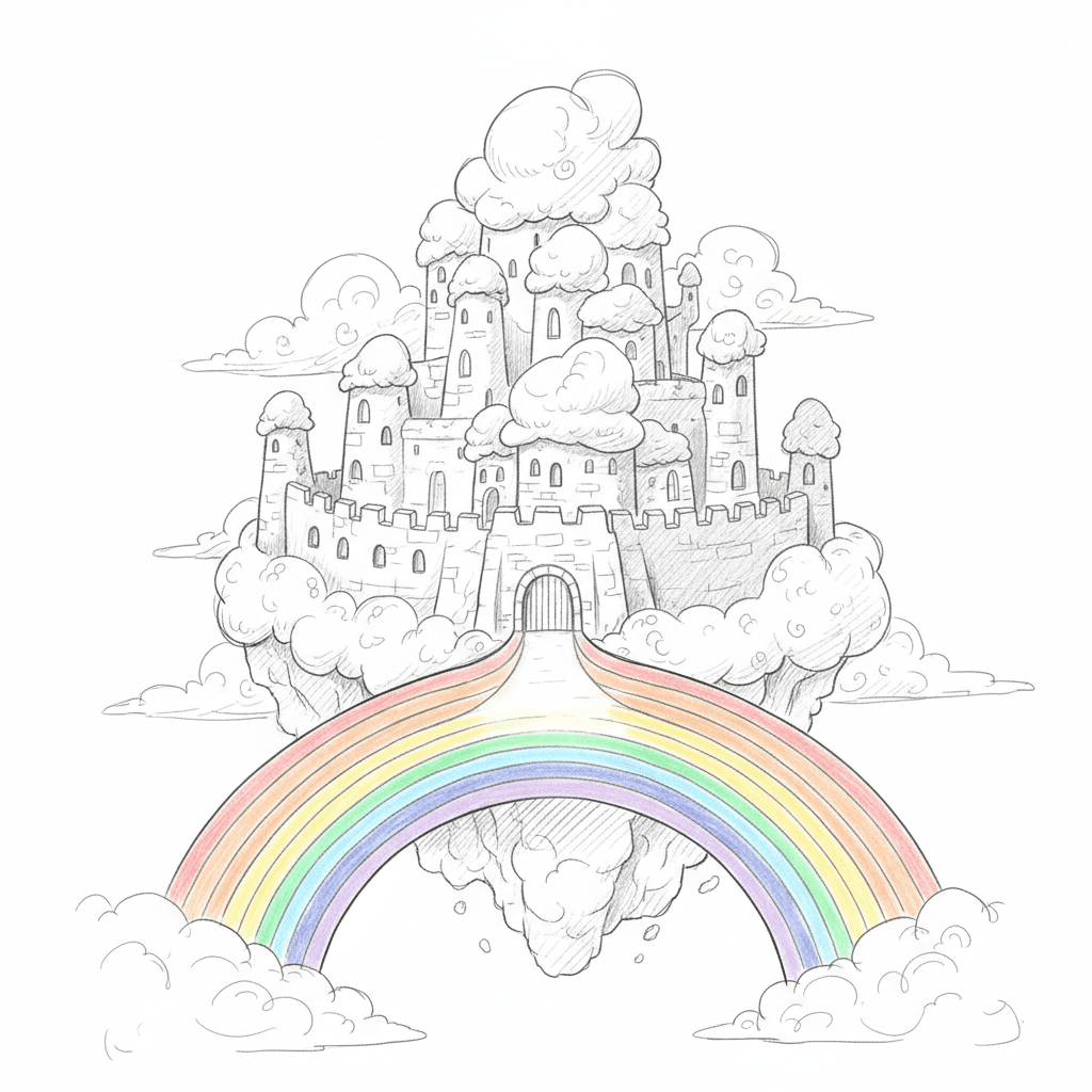 Cloud Castle With Rainbow Bridge - medium sketch drawing idea for architecture