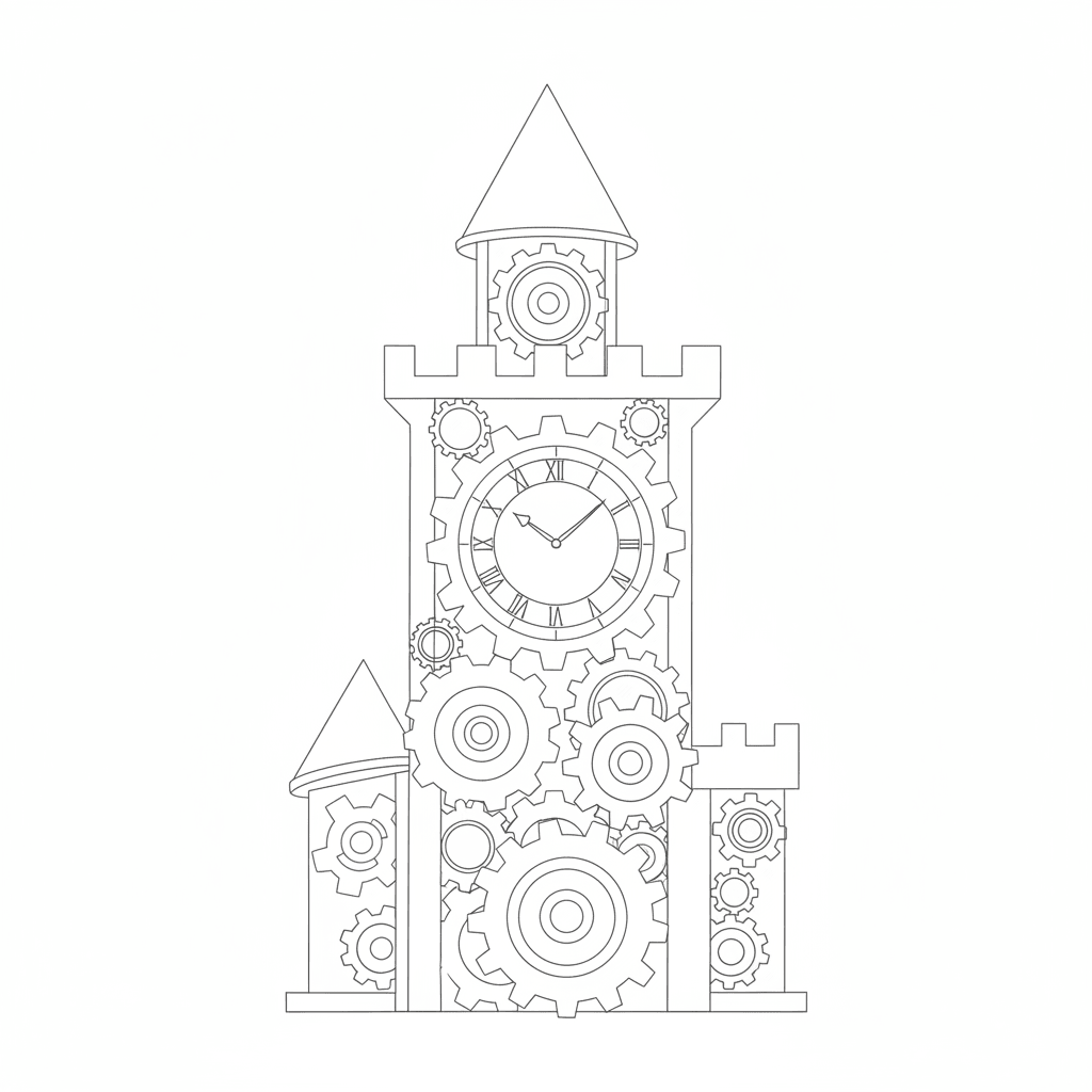 Gears Castle Clock Tower - easy sketch drawing idea for architecture