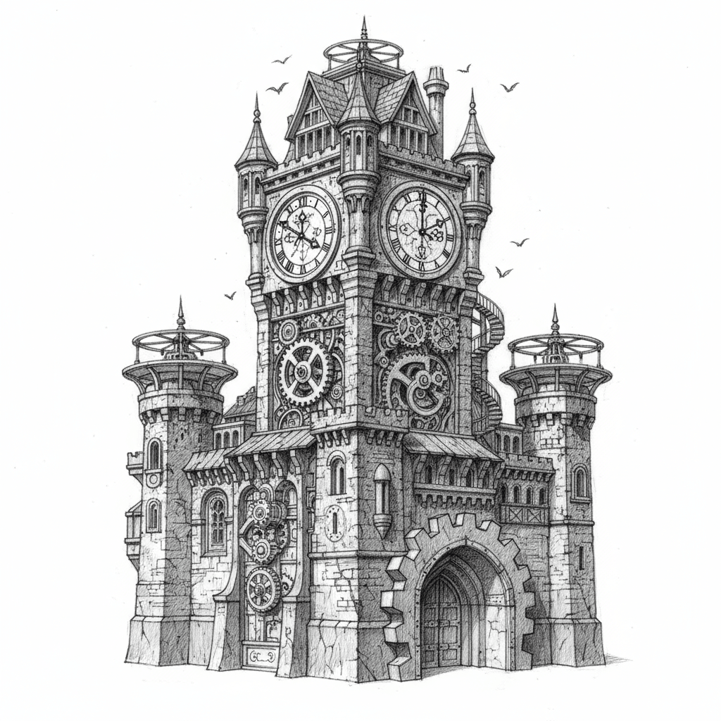 Gears Castle Clock Tower - hard sketch drawing idea for architecture