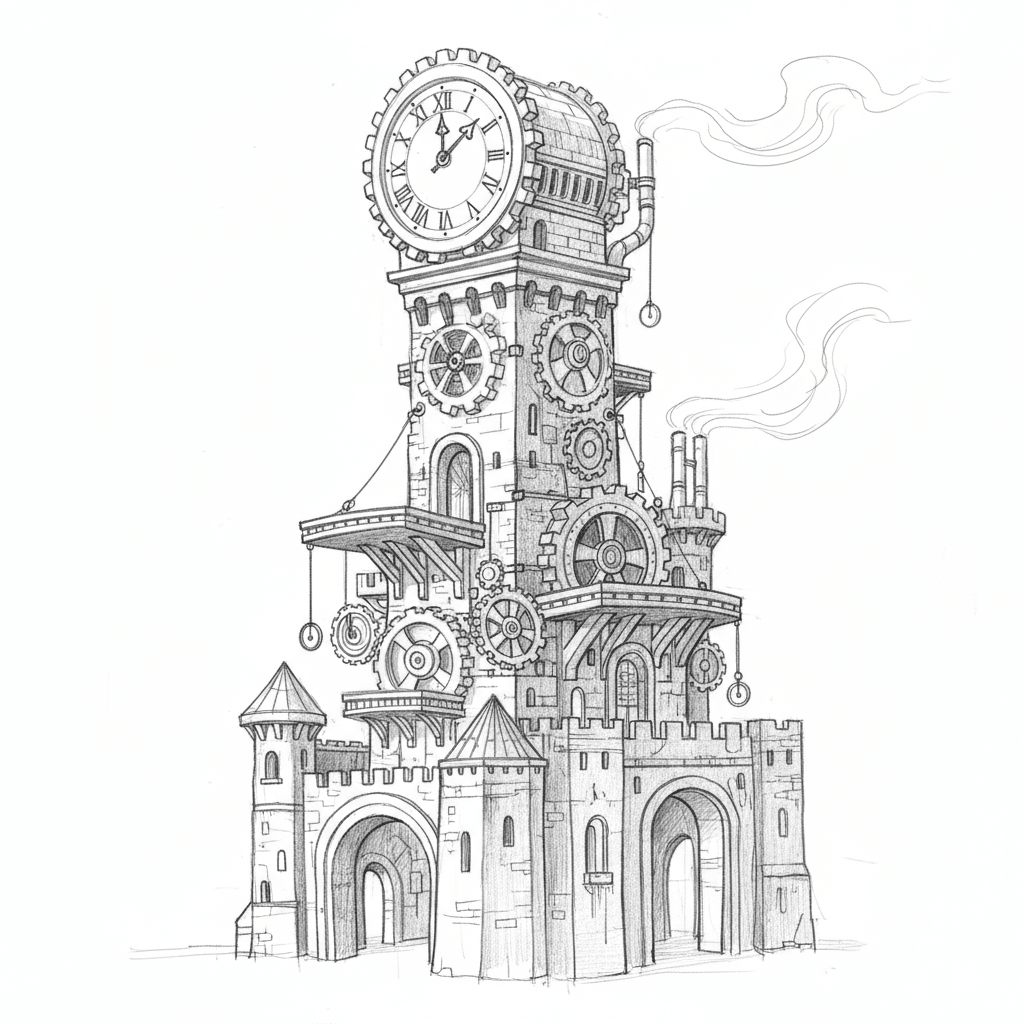 Gears Castle Clock Tower - medium sketch drawing idea for architecture