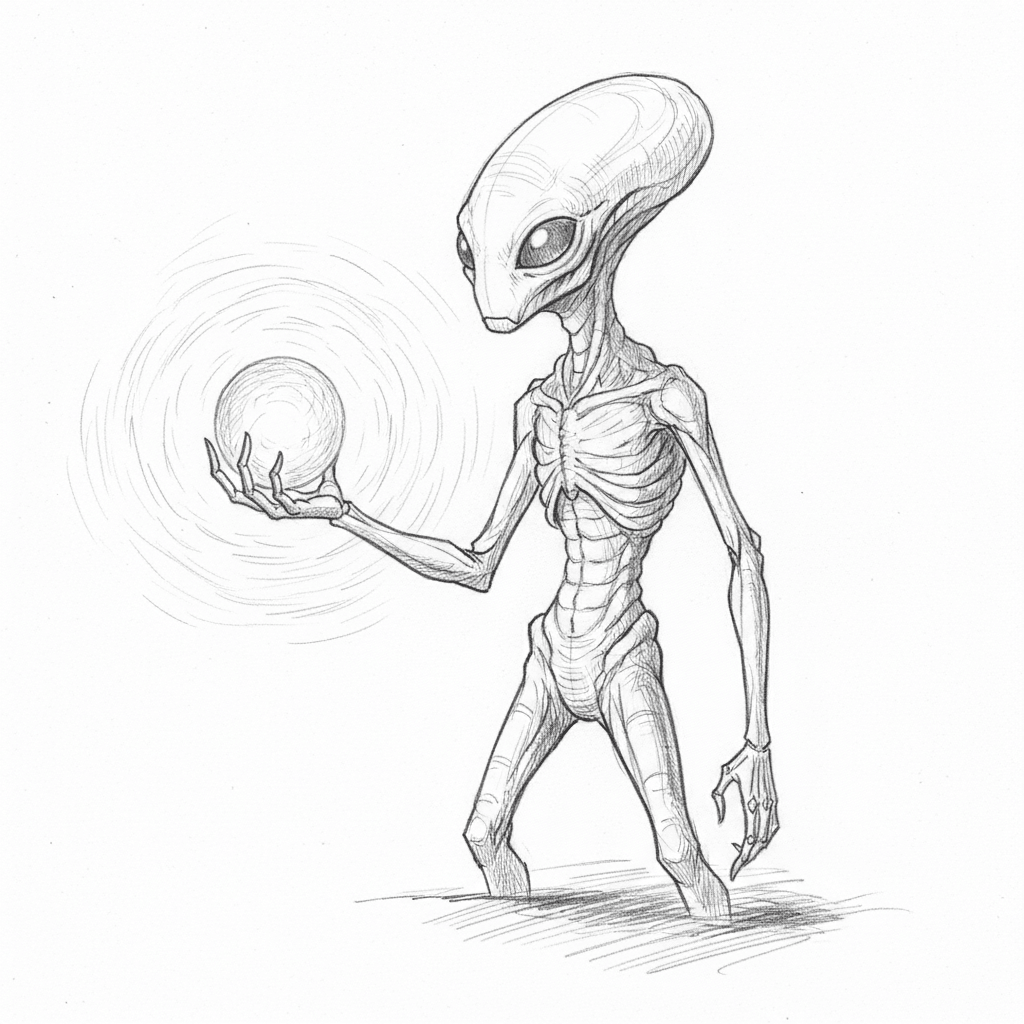 Alien Holding Glowing Orb - medium sketch drawing idea for fantasy