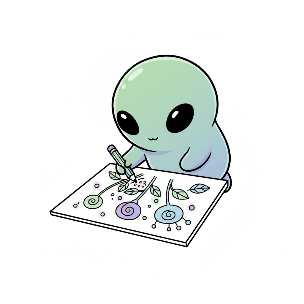 Alien Sketching Strange Flora - easy cartoon drawing idea for fantasy