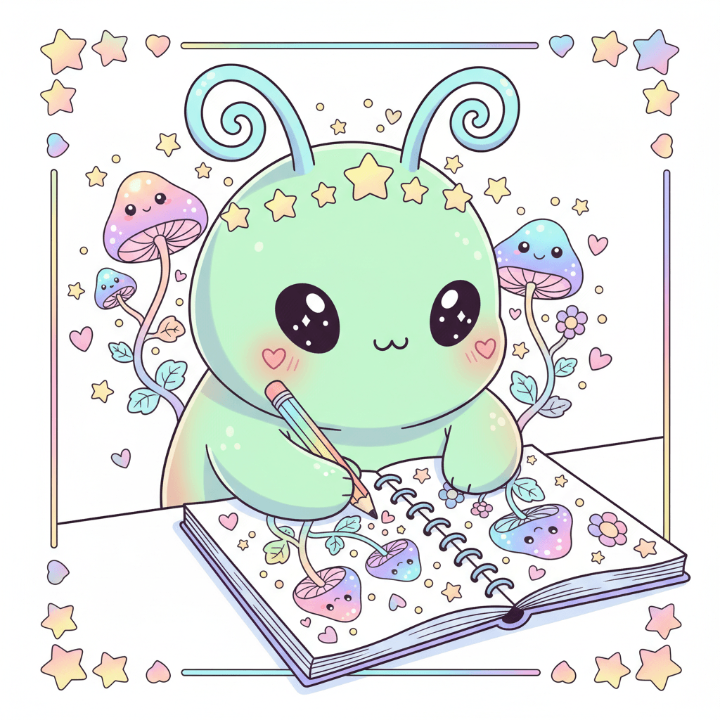 Alien Sketching Strange Flora - hard cartoon drawing idea for fantasy