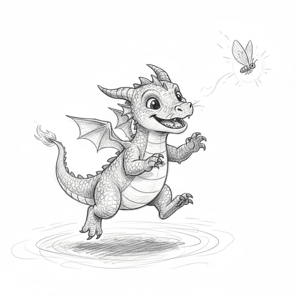 Baby Dragon Chasing A Firefly - hard sketch drawing idea for fantasy
