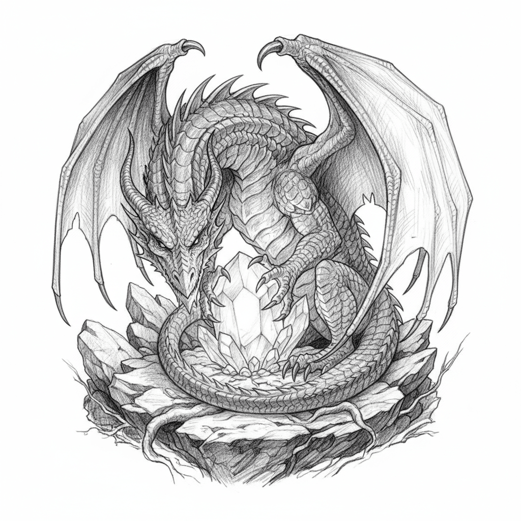 Dragon Guarding A Glowing Crystal - hard sketch drawing idea for fantasy