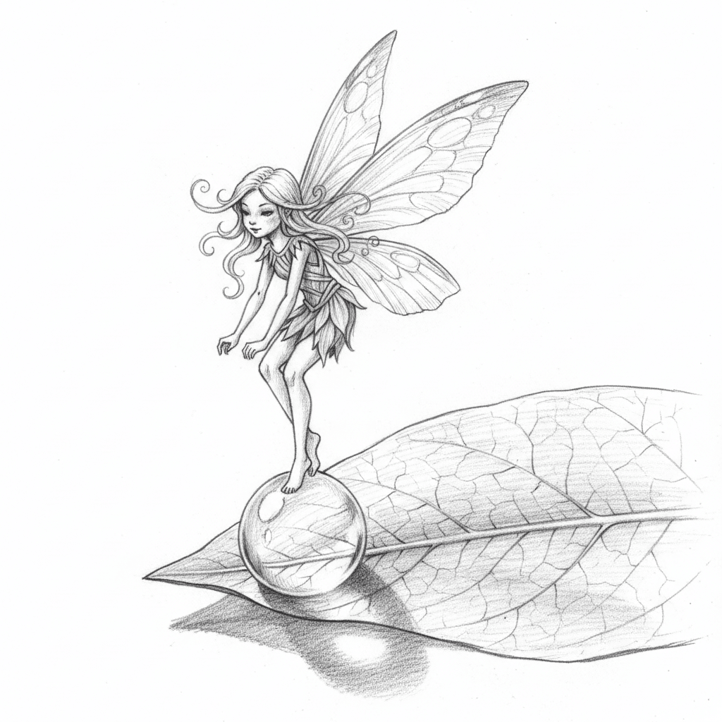 Fairy Perched On Dewdrop - hard sketch drawing idea for fantasy