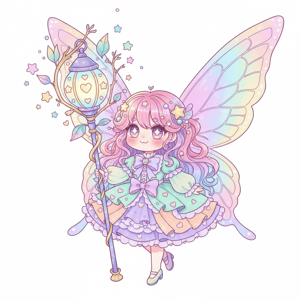 Fairy With A Glowing Lantern Staff - hard cartoon drawing idea for fantasy